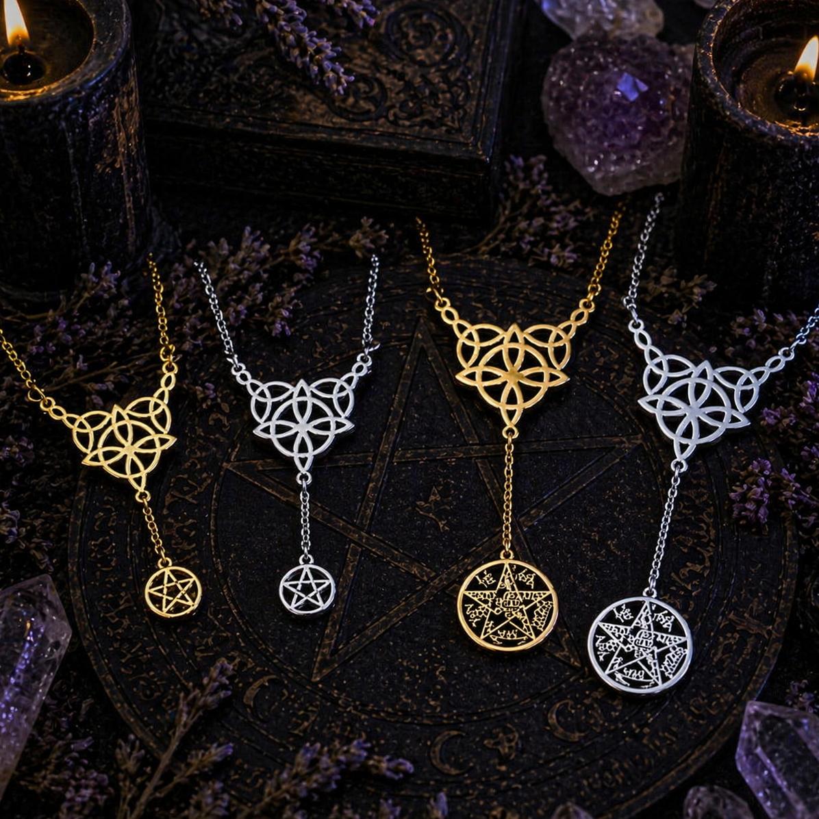 Four stainless steel Witch Knot Tetragrammaton necklaces in gold and silver, featuring Celtic knots and pentagrams.