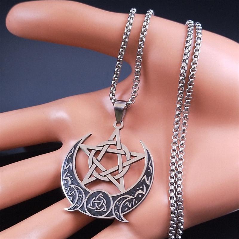 Witch Knot Pentacle Triple Moon Necklace Wicca Jewelry-MoonChildWorld
