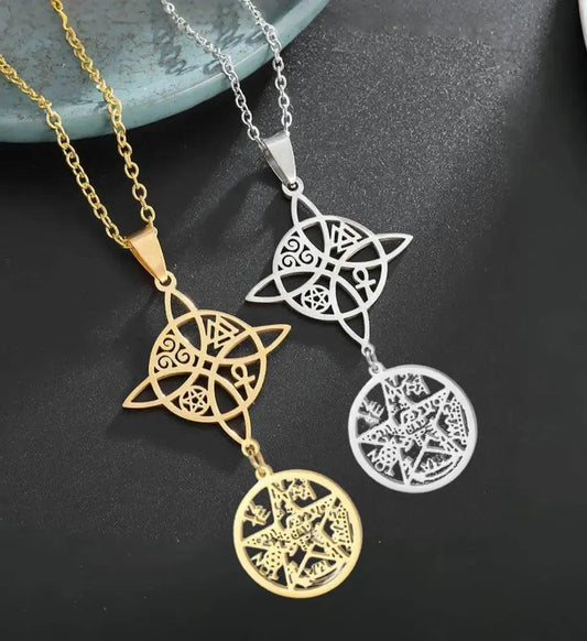 Gold and silver stainless steel Witch Knot Tetragrammaton pentagram Celtic knot necklaces.