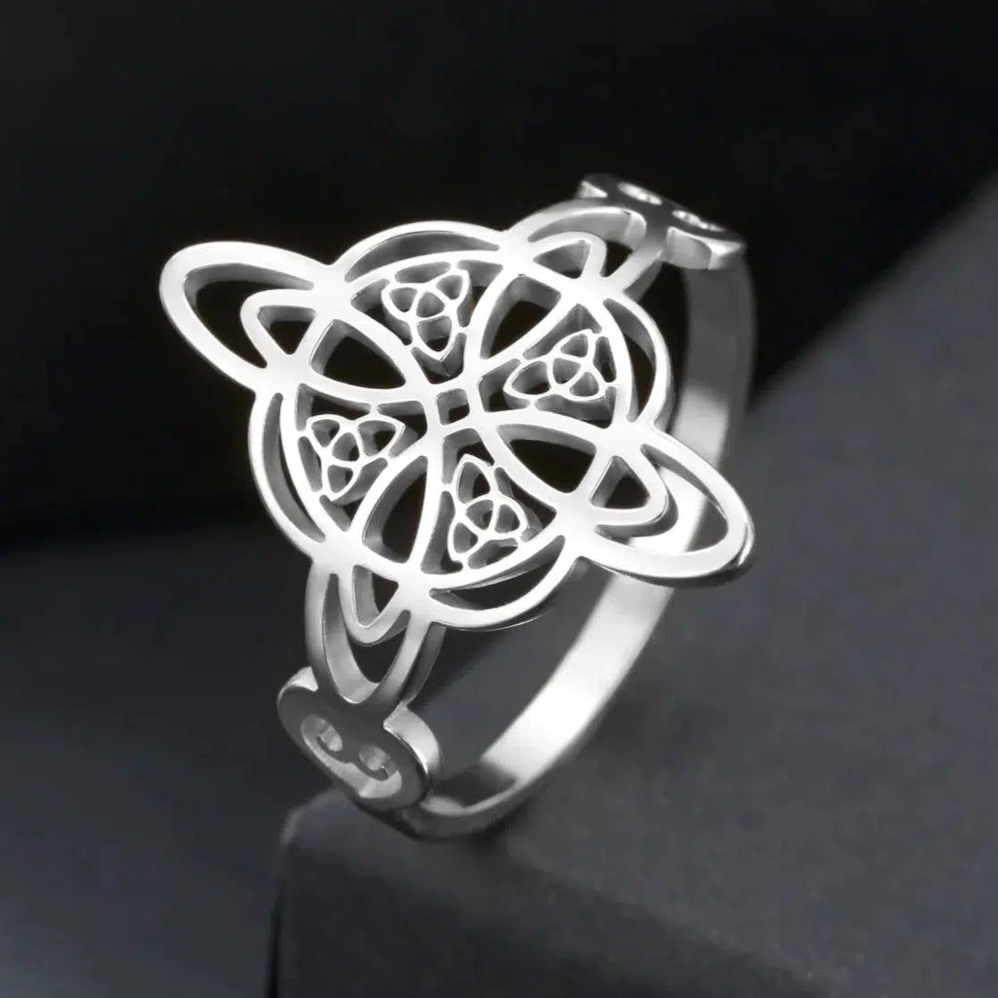Silver stainless steel Witch Knot Triquetra ring with intricate Celtic knotwork design.