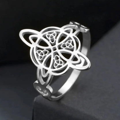 Silver stainless steel Witch Knot Triquetra ring with intricate Celtic knotwork design.