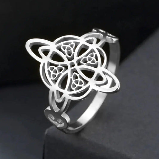 Silver stainless steel Witch Knot Triquetra ring with intricate Celtic knotwork design.