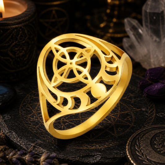 Gold stainless steel Witch Knot and Moon Phases ring with intricate Celtic knotwork.