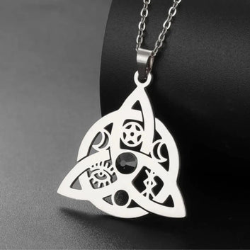 Witch Knot with Black Ziron Necklace - Crescent Moon Trinity Knot Necklace-MoonChildWorld