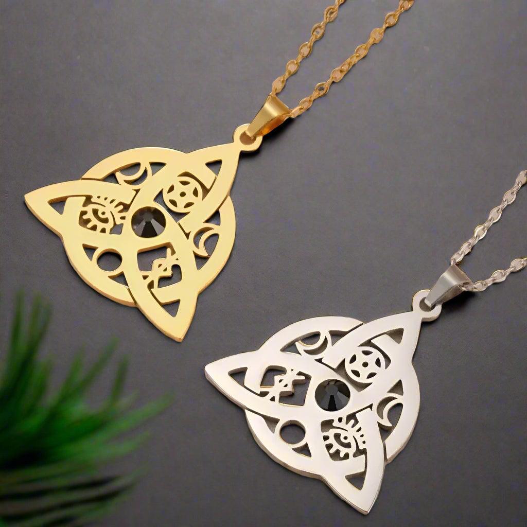 Witch Knot with Black Ziron Necklace - Crescent Moon Trinity Knot Necklace-MoonChildWorld