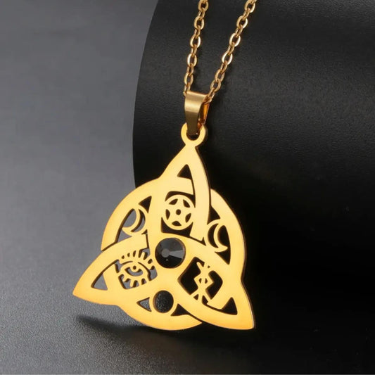 Witch Knot with Black Ziron Necklace - Crescent Moon Trinity Knot Necklace-MoonChildWorld