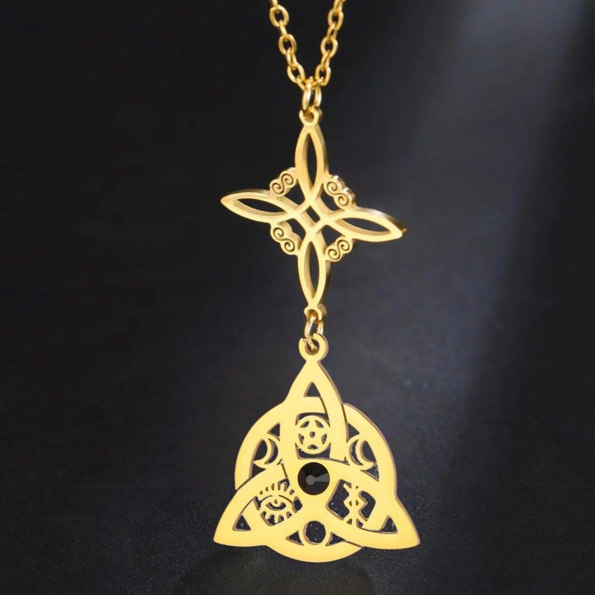 Witch Knot with Black Ziron Necklace Irish Celtic Trinity Witchcraft Pagan Jewelry-MoonChildWorld