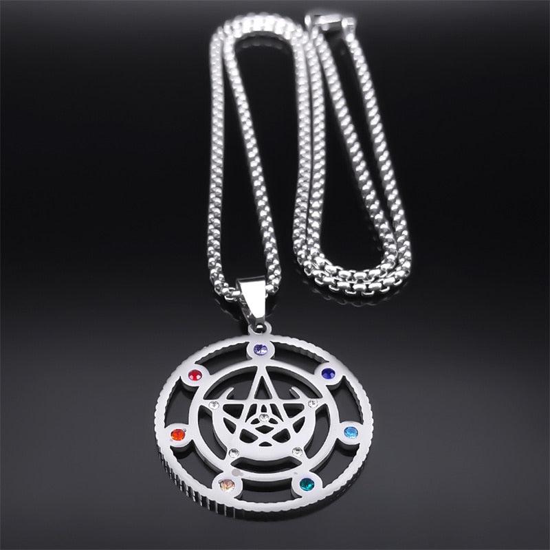 Exquisite Witch Moon Pentacle Necklace: 50cm stainless steel with 7 vibrant Chakra stones. Rust-proof & allergy-free.