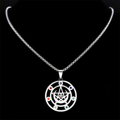 Exquisite Witch Moon Pentacle Necklace: 50cm stainless steel with 7 Chakras, rust-proof and allergy-free.
