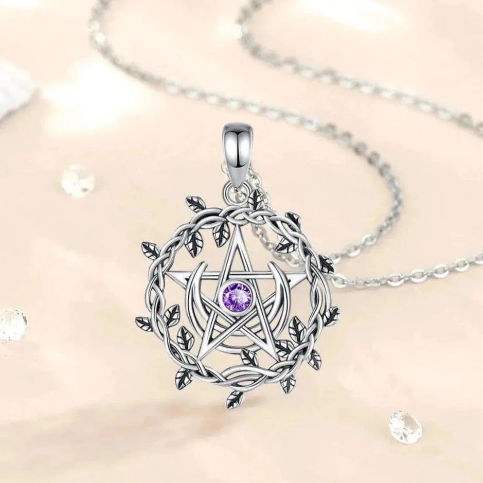 Witch Moon Pentacle Necklace Olive Leaf Moon Wicca Jewelry-MoonChildWorld