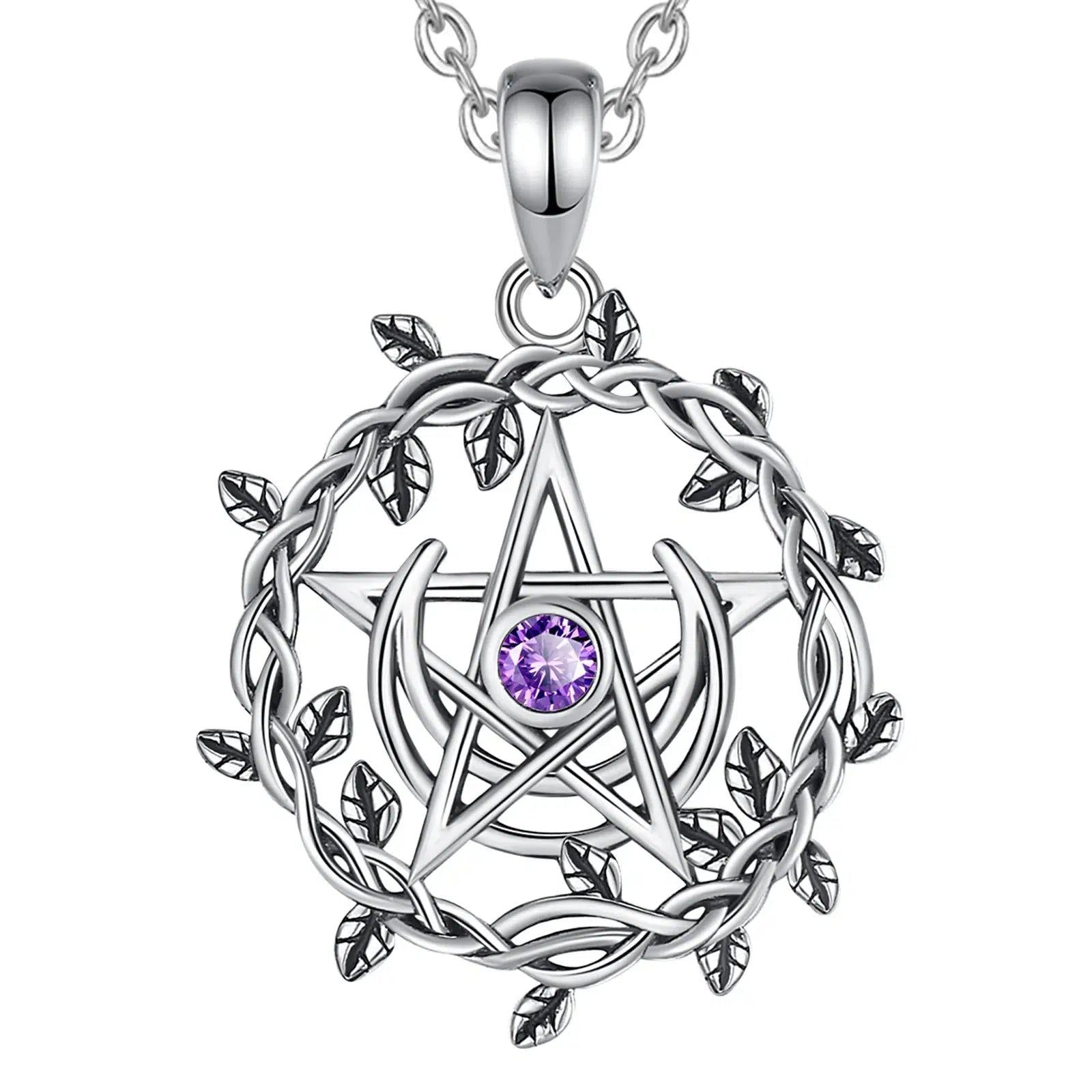 Witch Moon Pentacle Necklace Olive Leaf Moon Wicca Jewelry-MoonChildWorld