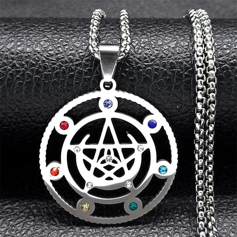 Exquisite Witch Moon Pentacle Necklace: stainless steel, 50cm, with 7 vibrant Chakra gems.