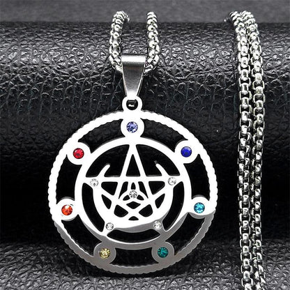 Exquisite Witch Moon Pentacle Necklace: stainless steel, 50cm, with 7 vibrant Chakra gems.