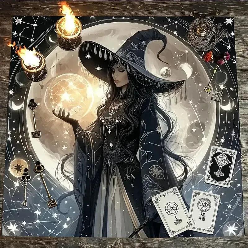 Witch & Moon Tarot Tablecloth – Mystical Starry Night Design for Meditation & Rituals-MoonChildWorld