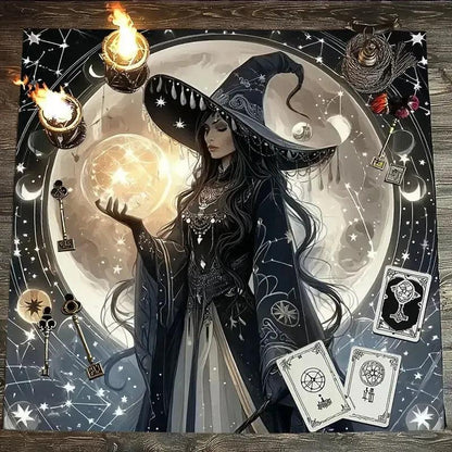 Witch & Moon Tarot Tablecloth – Mystical Starry Night Design for Meditation & Rituals-MoonChildWorld