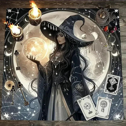 Witch & Moon Tarot Tablecloth – Mystical Starry Night Design for Meditation & Rituals-MoonChildWorld