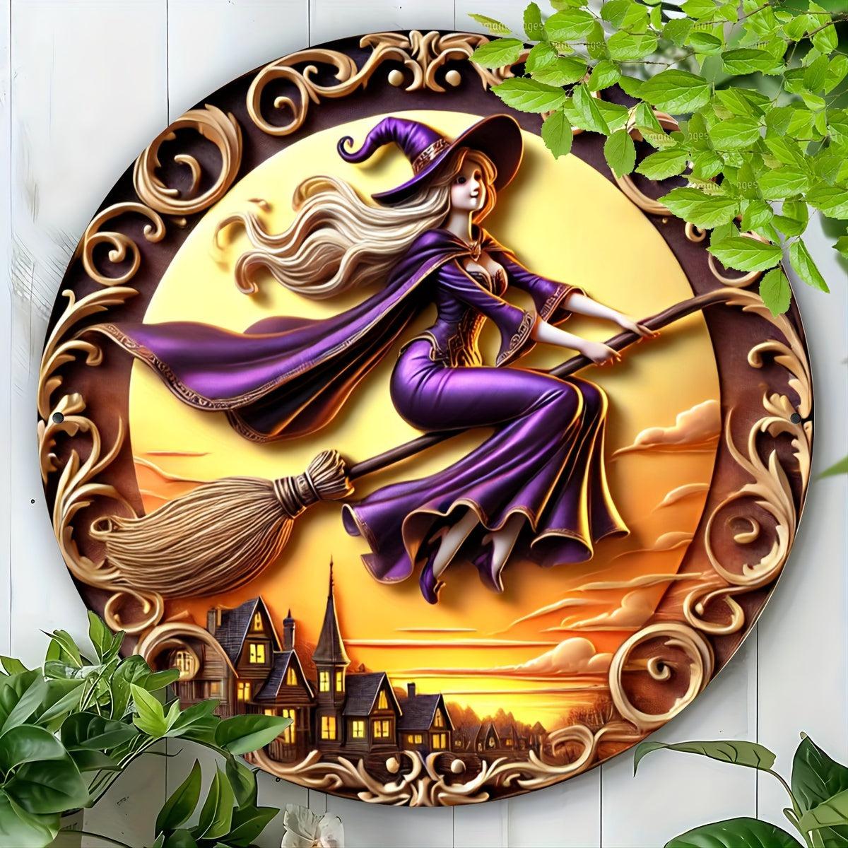 Witch On A Broomstick Metal Sign For Halloween-MoonChildWorld