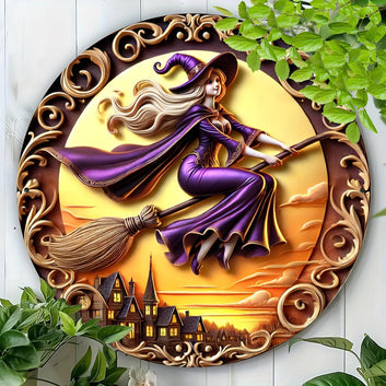 Witch On A Broomstick Metal Sign For Halloween-MoonChildWorld