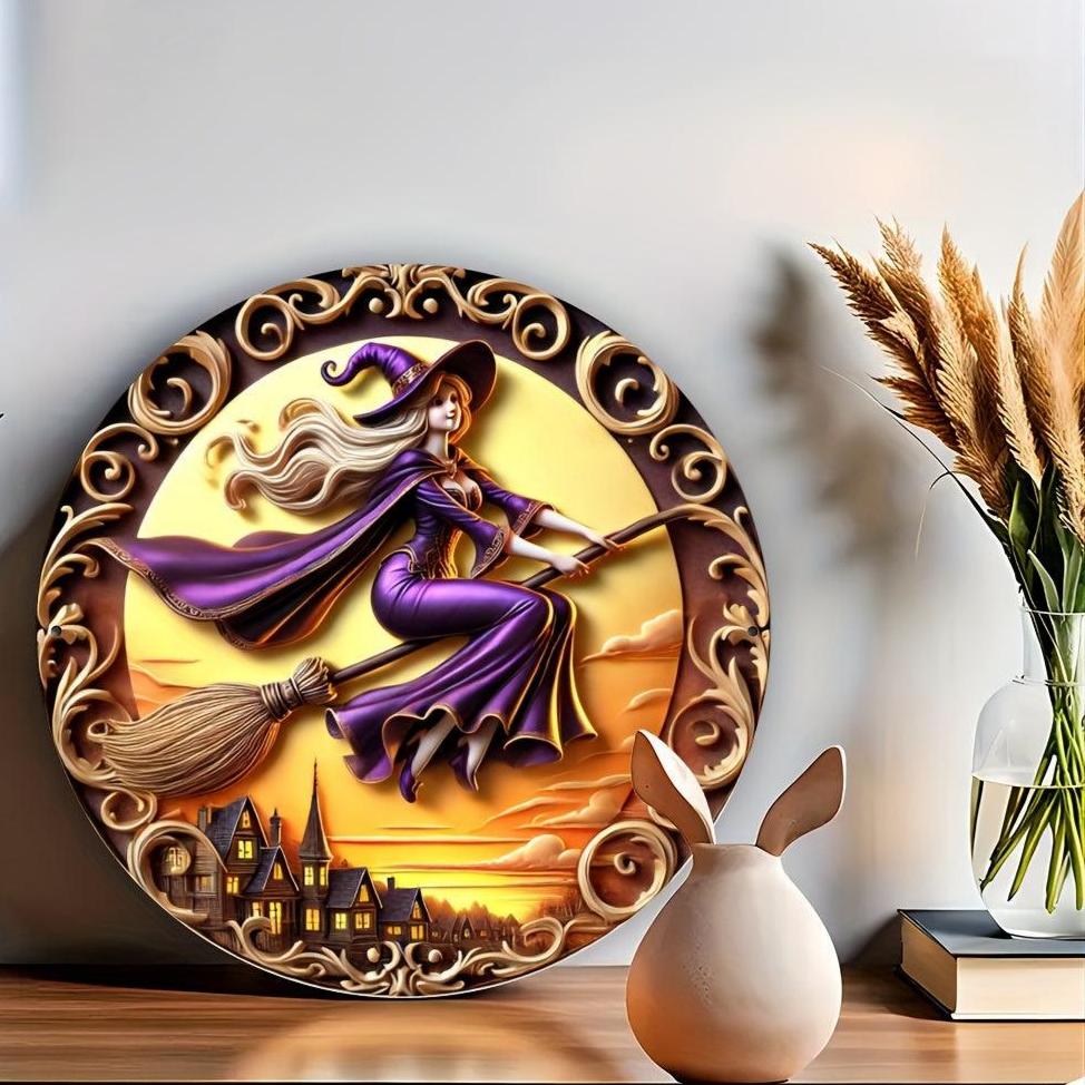 Witch On A Broomstick Metal Sign For Halloween-MoonChildWorld