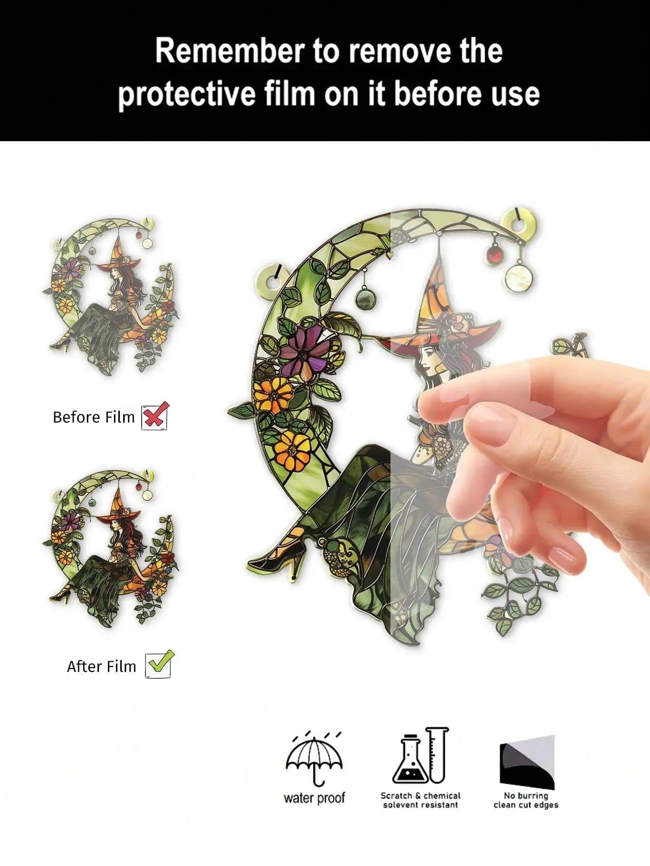 Witch On The Moon Acrylic Suncatcher Halloween Window Decoration Wind Chime - Mystic Witch Hanging Ornament-MoonChildWorld