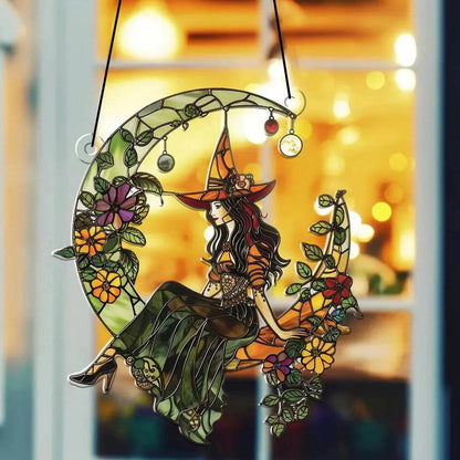 Witch On The Moon Acrylic Suncatcher Halloween Window Decoration Wind Chime - Mystic Witch Hanging Ornament-MoonChildWorld
