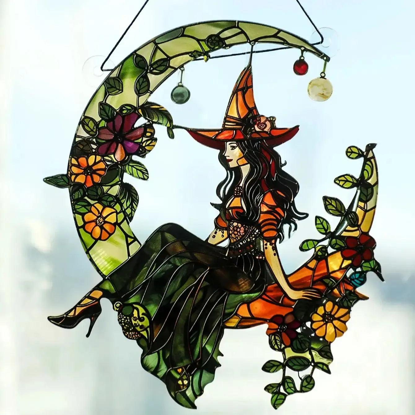 Witch On The Moon Acrylic Suncatcher Halloween Window Decoration Wind Chime - Mystic Witch Hanging Ornament-MoonChildWorld
