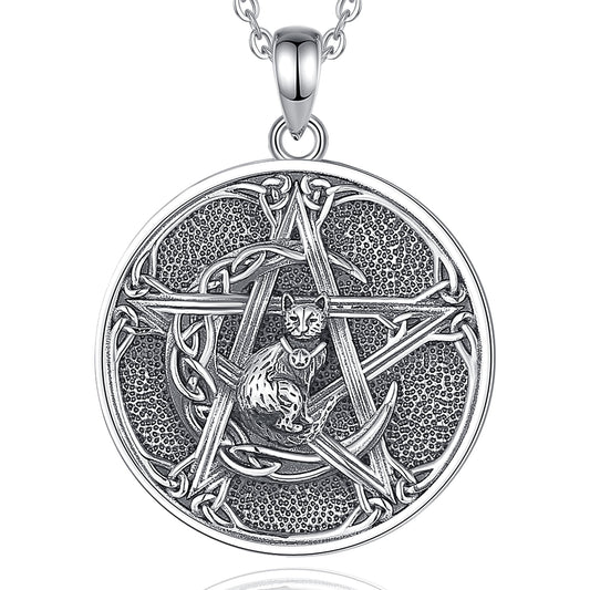 Witch Pentacle Moon Cat Necklace Witchcraft Jewelry
