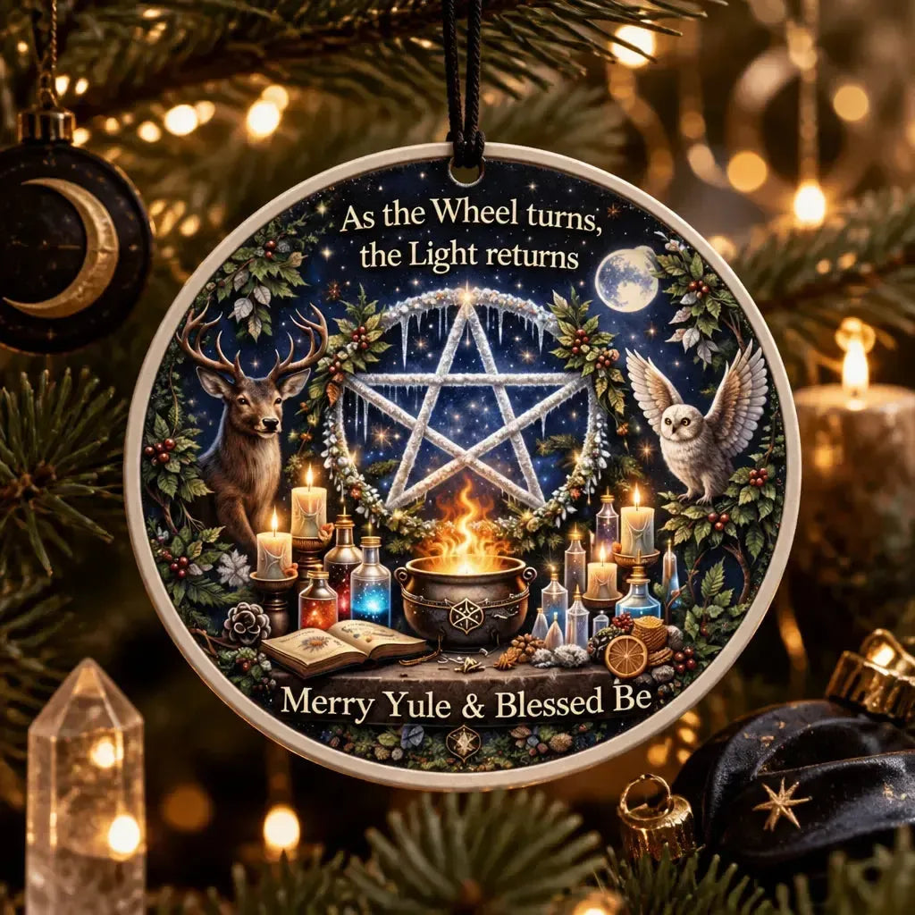 Witch Pentacle Pagan Yule Ceramic Ornament – Wiccan Christmas Tree Ornament_mockup_1.webp