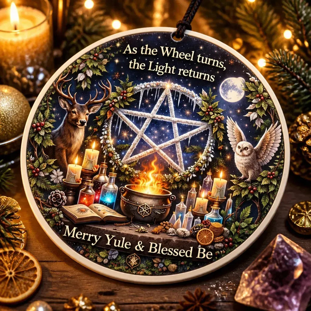 Witch Pentacle Pagan Yule Ceramic Ornament – Wiccan Christmas Tree Ornament_mockup_2.webp