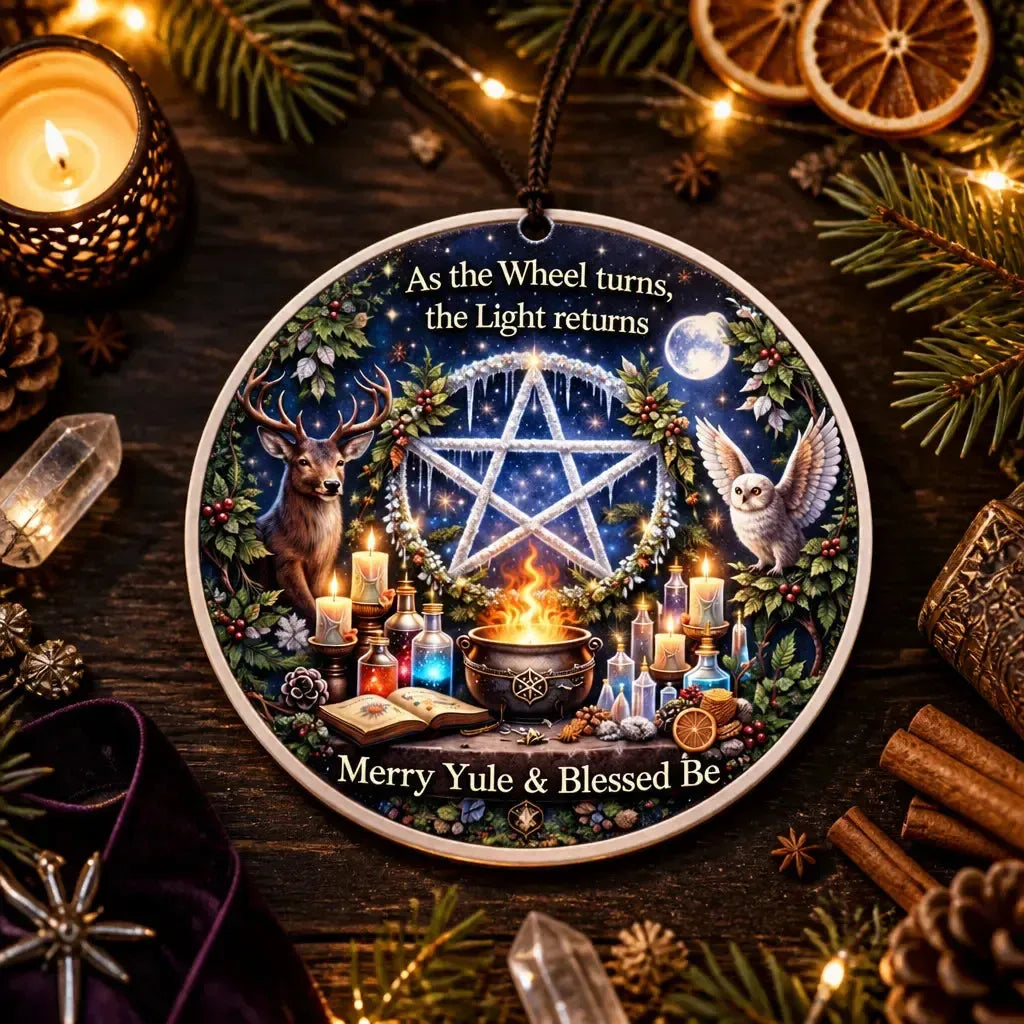 Witch Pentacle Pagan Yule Ceramic Ornament – Wiccan Christmas Tree Ornament_mockup_3.webp