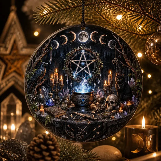 Witch Pentagram Moon Phase Gothic Christmas Ceramic Ornament - Halloween Raven Black Cat Dark Aesthetic Tree Ornament_mockup_1.webp