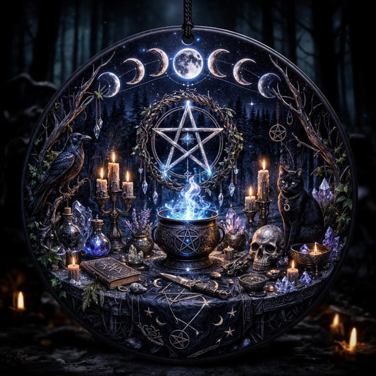Witch Pentagram Moon Phase Gothic Christmas Ceramic Ornament - Halloween Raven Black Cat Dark Aesthetic Tree Ornament-MoonChildWorld