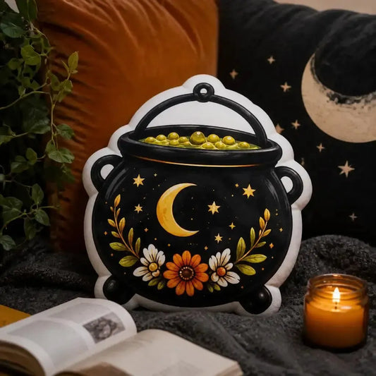 Styled on a sofa: witch potion cauldron plush pillow with witch cauldron and potion artwork