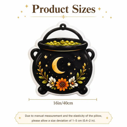 Size guide for witch potion cauldron plush pillow, showing 16 inches / 40 cm
