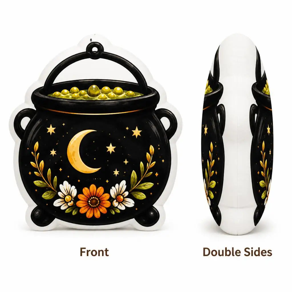Front and side profile: witch potion cauldron plush pillow with witch cauldron and potion artwork