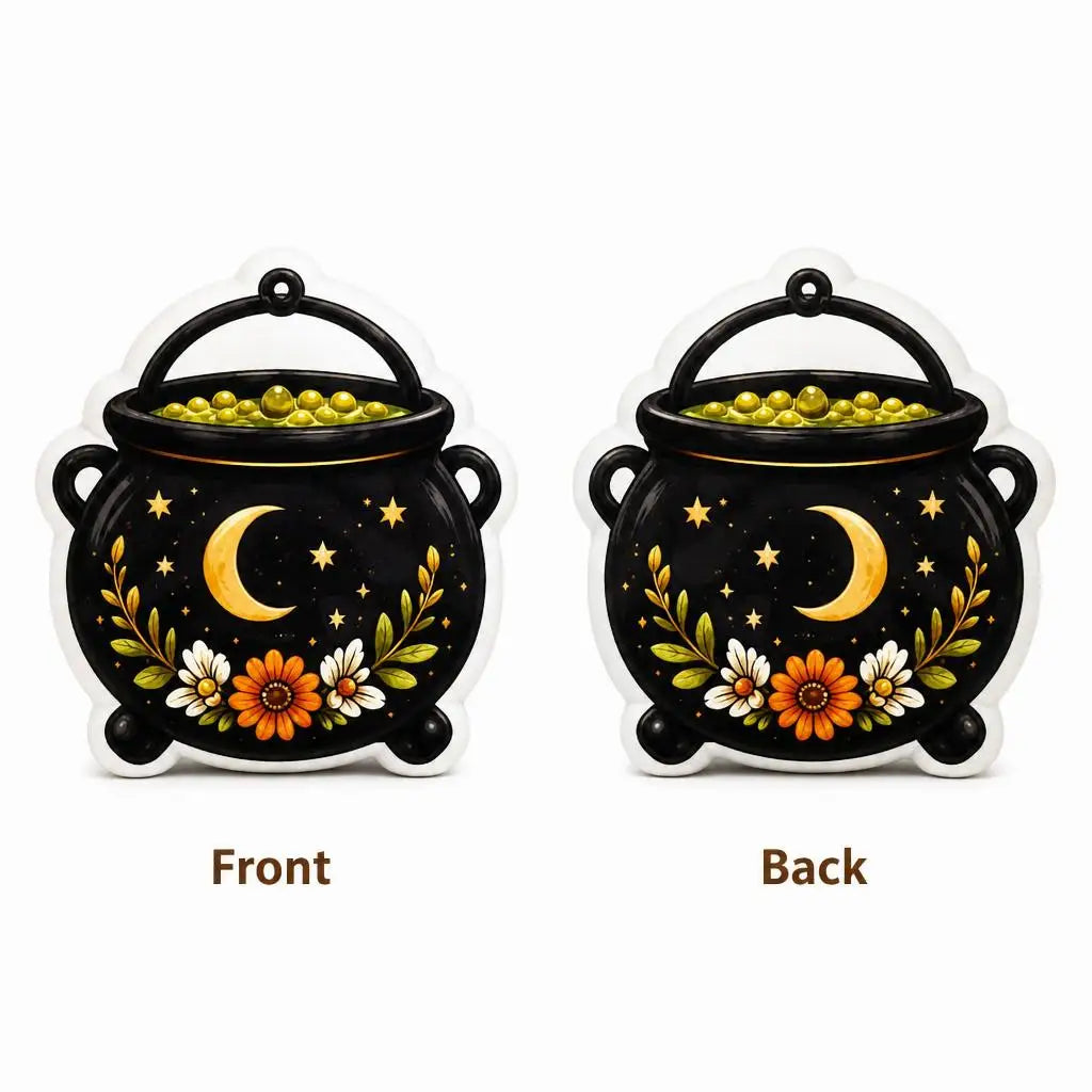 Front and back views: witch potion cauldron plush pillow with witch cauldron and potion artwork
