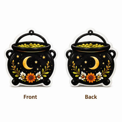 Front and back views: witch potion cauldron plush pillow with witch cauldron and potion artwork