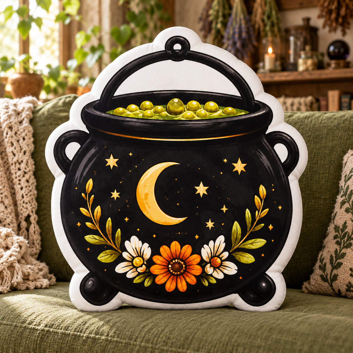 Witch Potion Cauldron Pillow in a sunlit witchy room