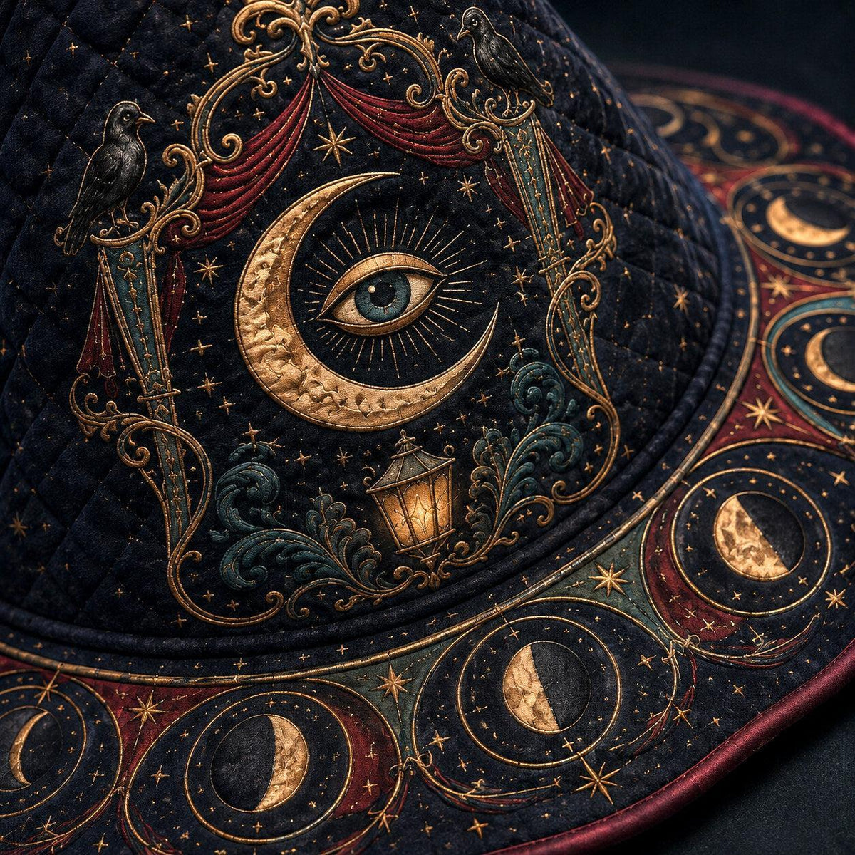 Witch Queen Hat – Carnival All Seeing Eye Occult Wide Brim Witch Hat – quilting and print detail
