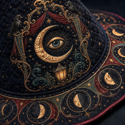 Witch Queen Hat – Carnival All Seeing Eye Occult Wide Brim Witch Hat – quilting and print detail