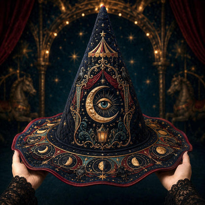 Witch Queen Hat – Carnival All Seeing Eye Occult Wide Brim Witch Hat – held in both hands