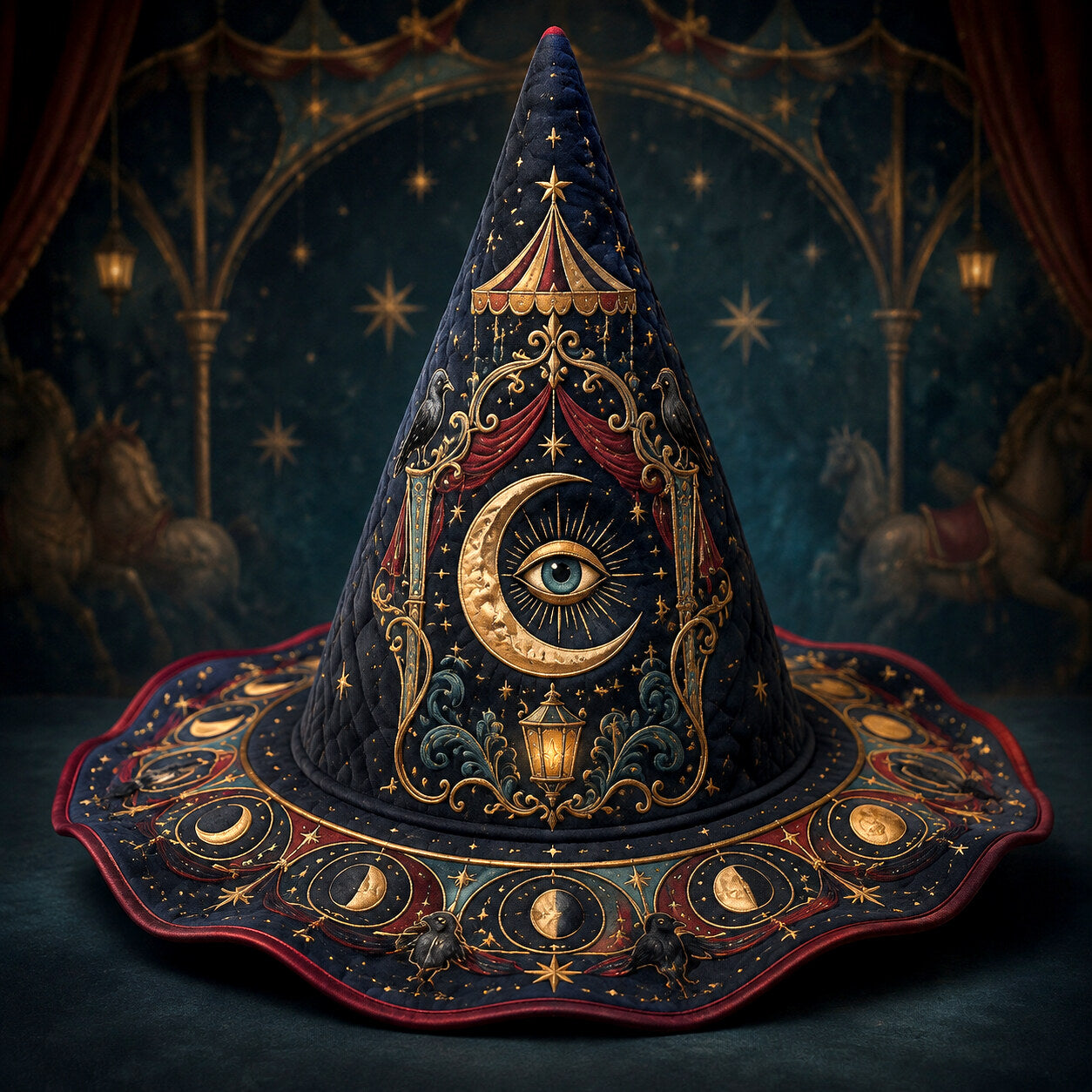 Witch Queen Hat – Carnival All Seeing Eye Occult Wide Brim Witch Hat – on an altar table