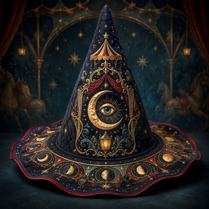 Witch Queen Hat – Carnival All Seeing Eye Occult Wide Brim Witch Hat – on an altar table