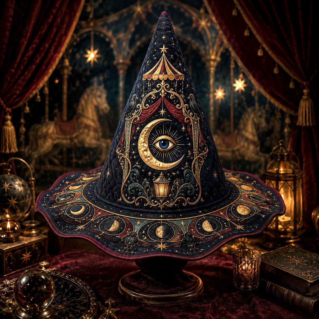 Witch Queen Hat – Carnival All Seeing Eye Occult Wide Brim Witch Hat – styled with candles and crystals