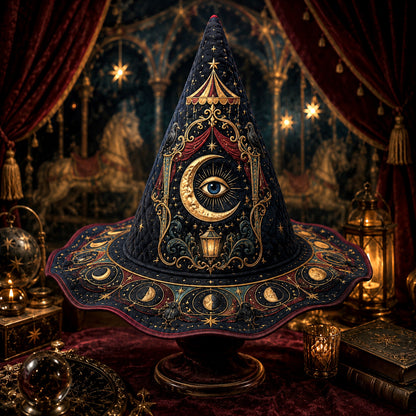 Witch Queen Hat – Carnival All Seeing Eye Occult Wide Brim Witch Hat – styled with candles and crystals