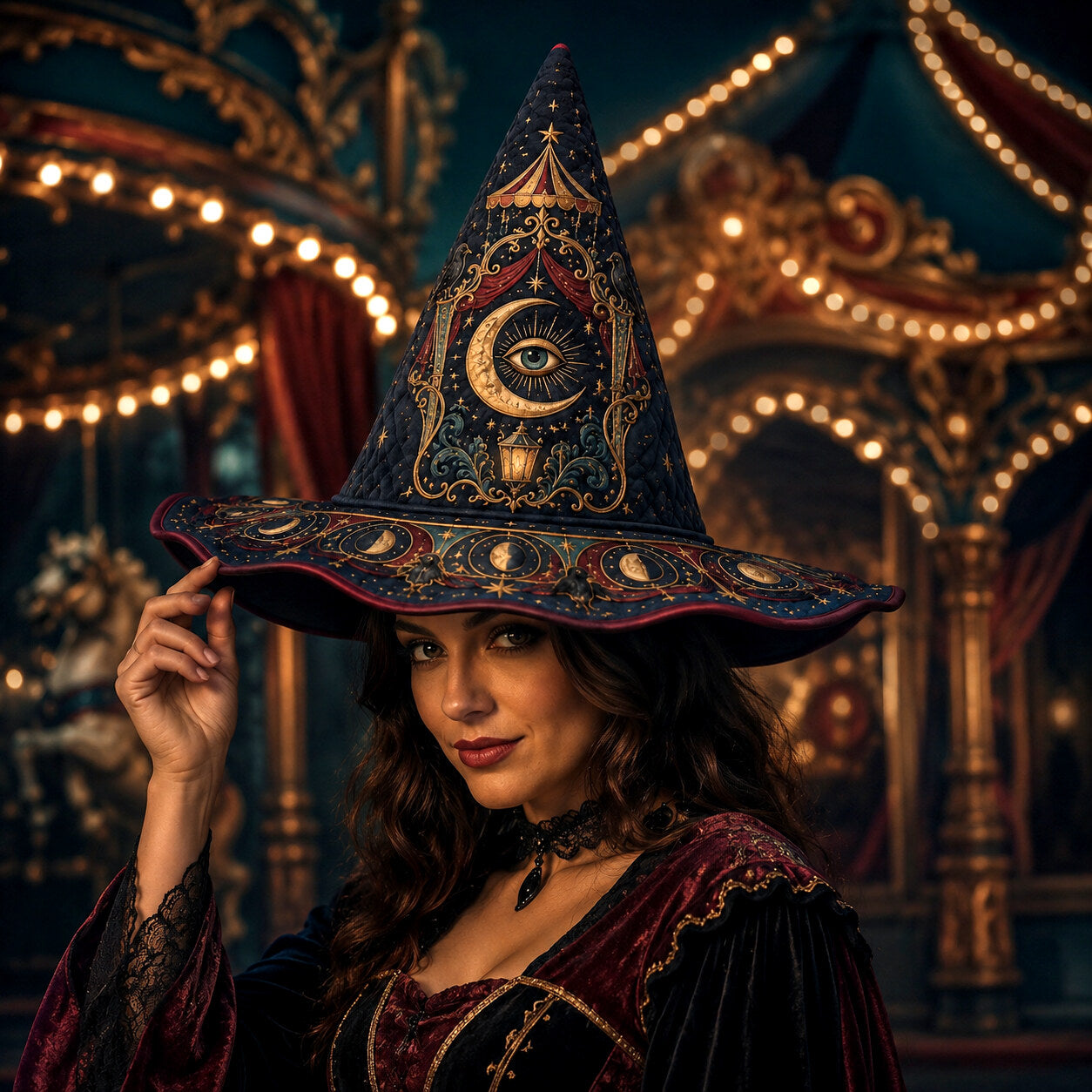 Witch Queen Hat – Carnival All Seeing Eye Occult Wide Brim Witch Hat – worn, front view