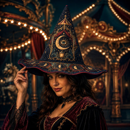 Witch Queen Hat – Carnival All Seeing Eye Occult Wide Brim Witch Hat – worn, front view