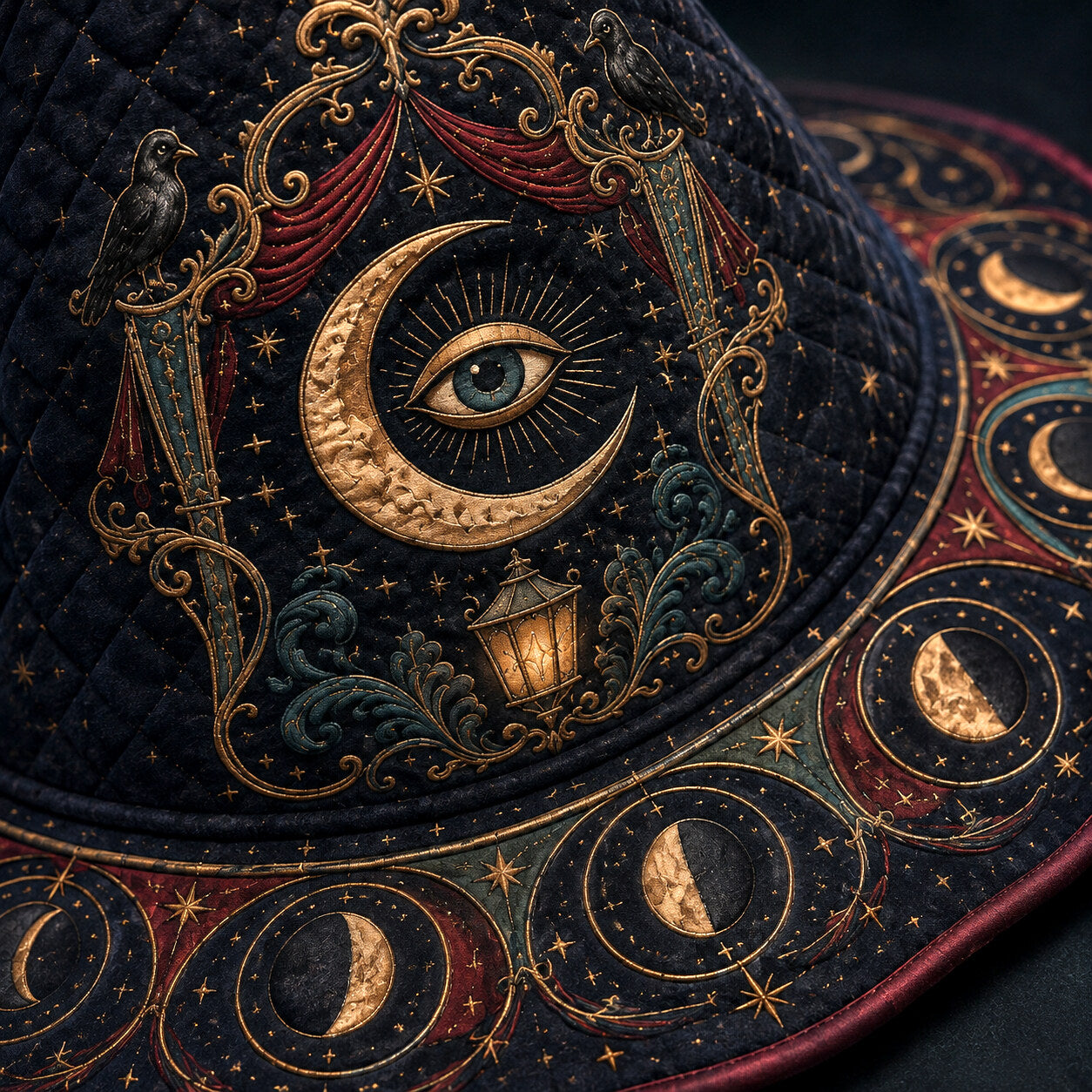 Witch Queen Hat – Carnival All Seeing Eye Occult Wide Brim Witch Hat – quilting and print detail