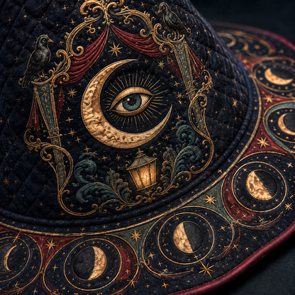Witch Queen Hat – Carnival All Seeing Eye Occult Wide Brim Witch Hat – quilting and print detail