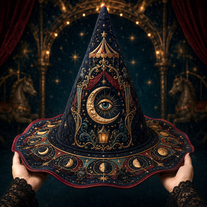 Witch Queen Hat – Carnival All Seeing Eye Occult Wide Brim Witch Hat – held in both hands